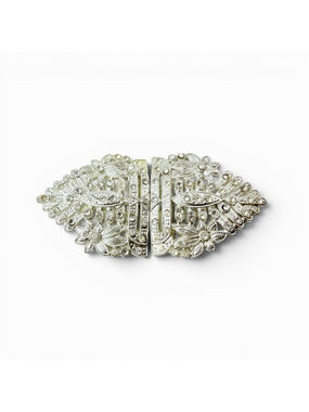 Vintage 1930s Art Deco Rhinestone Buckle, Silver Tone Floral Dress Belt Clasp